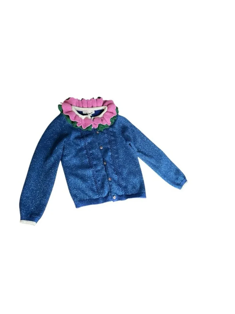 Mini Boden Girls Knit Button Cardigan Sweater Ruffle Collar Blue Size 7-8